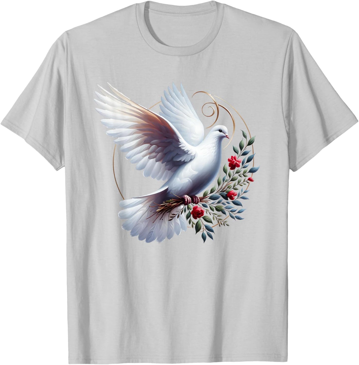 Elegant Flight of the Peaceful White Dove Bird Floral Art T-Shirt - T-Shirt | Ash