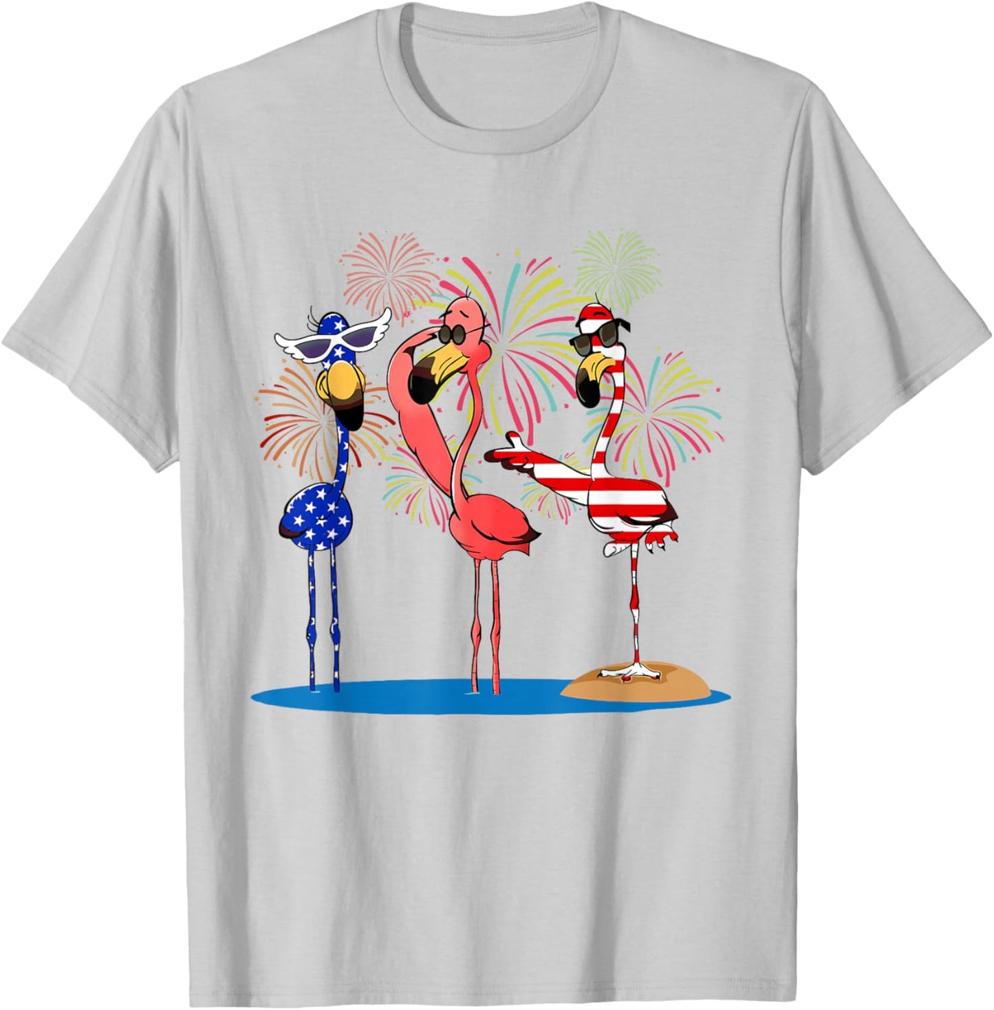 Flamingos And Fireworks Red White Blue 4th Of July American T-Shirt - T-Shirt | Ash