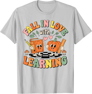 Fall In Love With Learning Retro Autumn Teacher Thanksgiving T-Shirt - T-Shirt | Ash