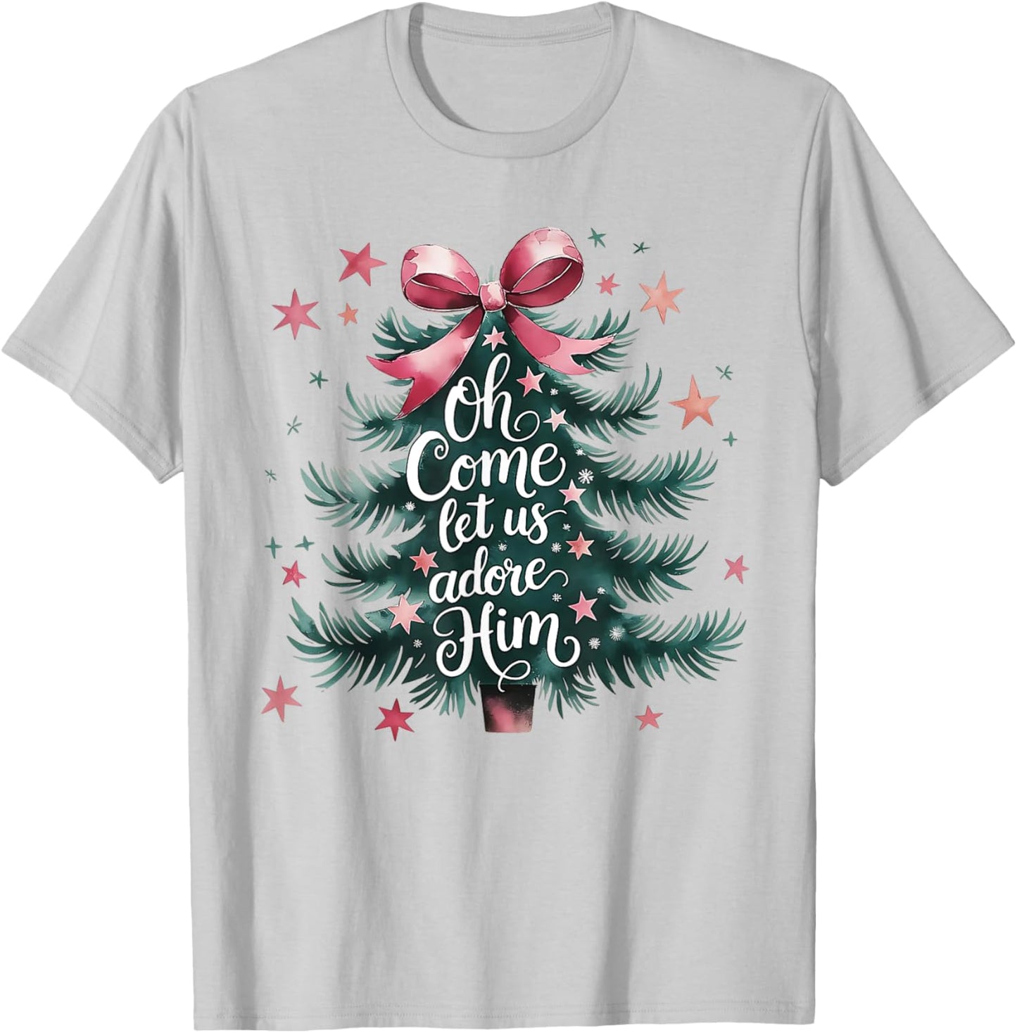 Oh Come Let Us Adore Him Christmas Tree T-Shirt - T-Shirt | Ash