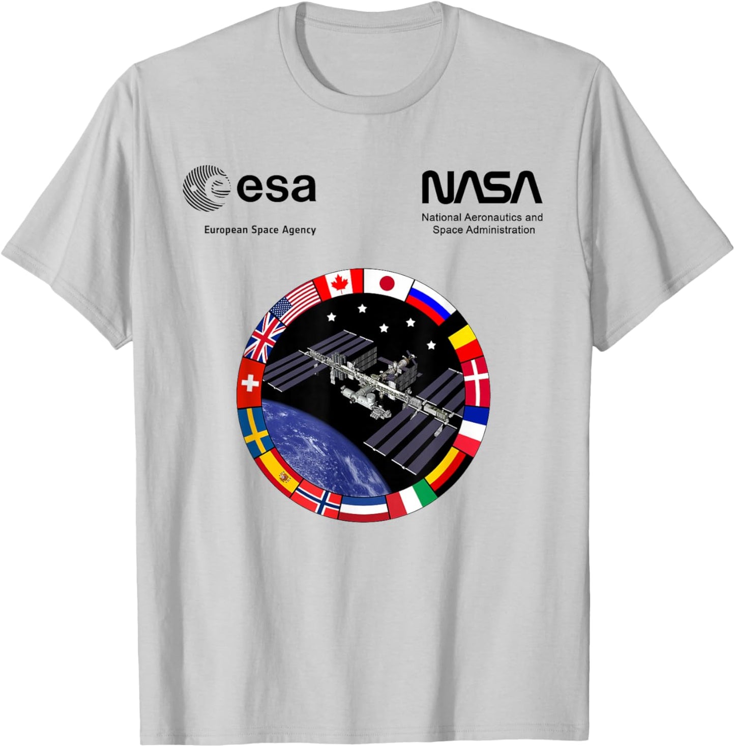 NASA Worm and ESA Logo ISS International Space Station T-Shirt - T-Shirt | Ash