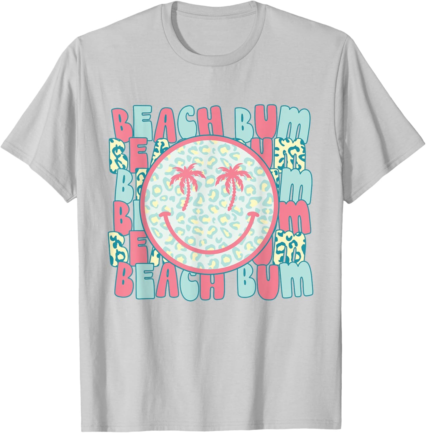 Retro Leopard Happy Face Palm Tree Eyes Beach Bum Smile Face T-Shirt - T-Shirt | Ash