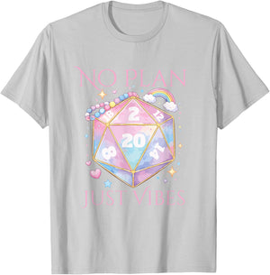 Whimsical D20 Dice Design with No Plan Just Vibes Aesthetic T-Shirt - T-Shirt | Ash