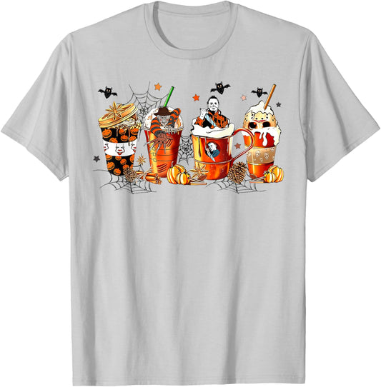 Vintage Halloween Horror Latte Coffee Cups Ghost Skeleton T-Shirt - T-Shirt | Ash