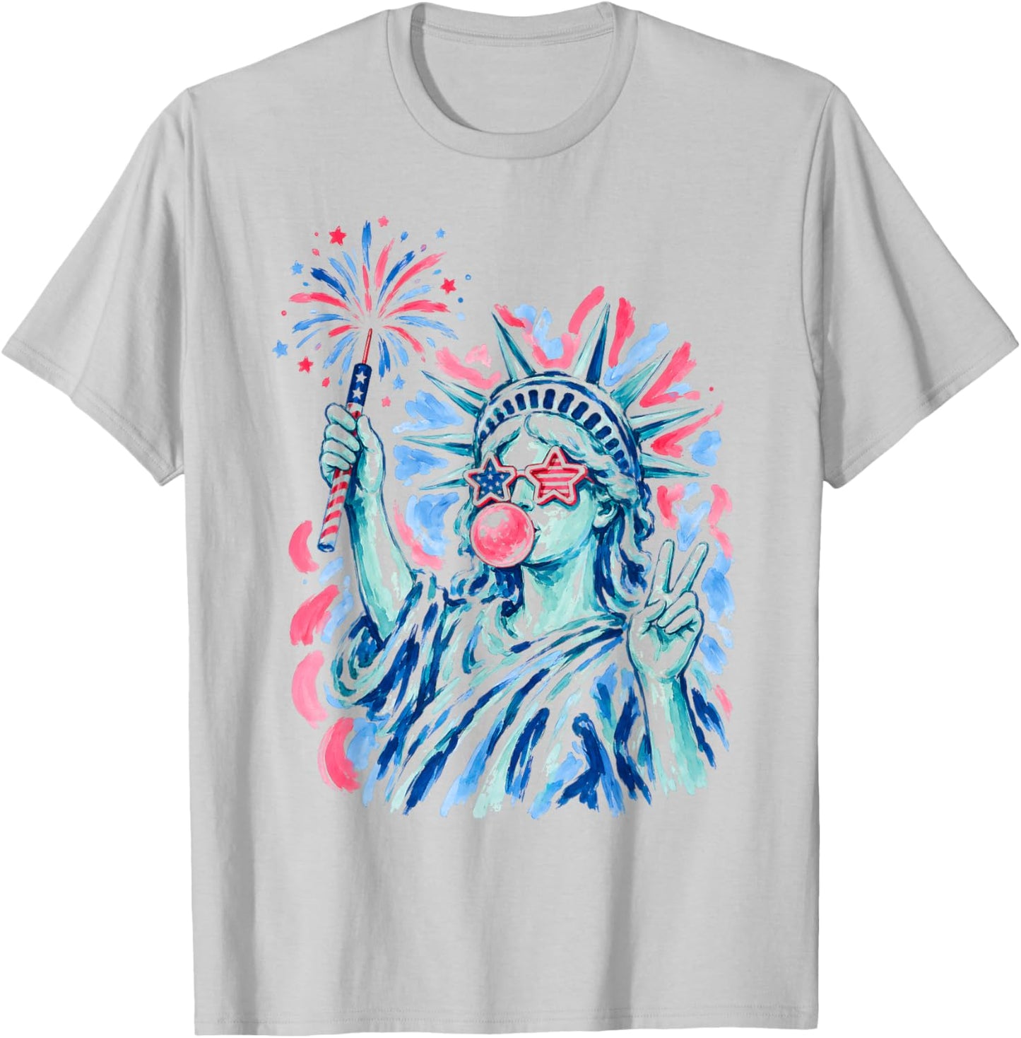 Statue of Liberty Blowing Bubble Women Patriotic 4th of July T-Shirt - T-Shirt | Ash
