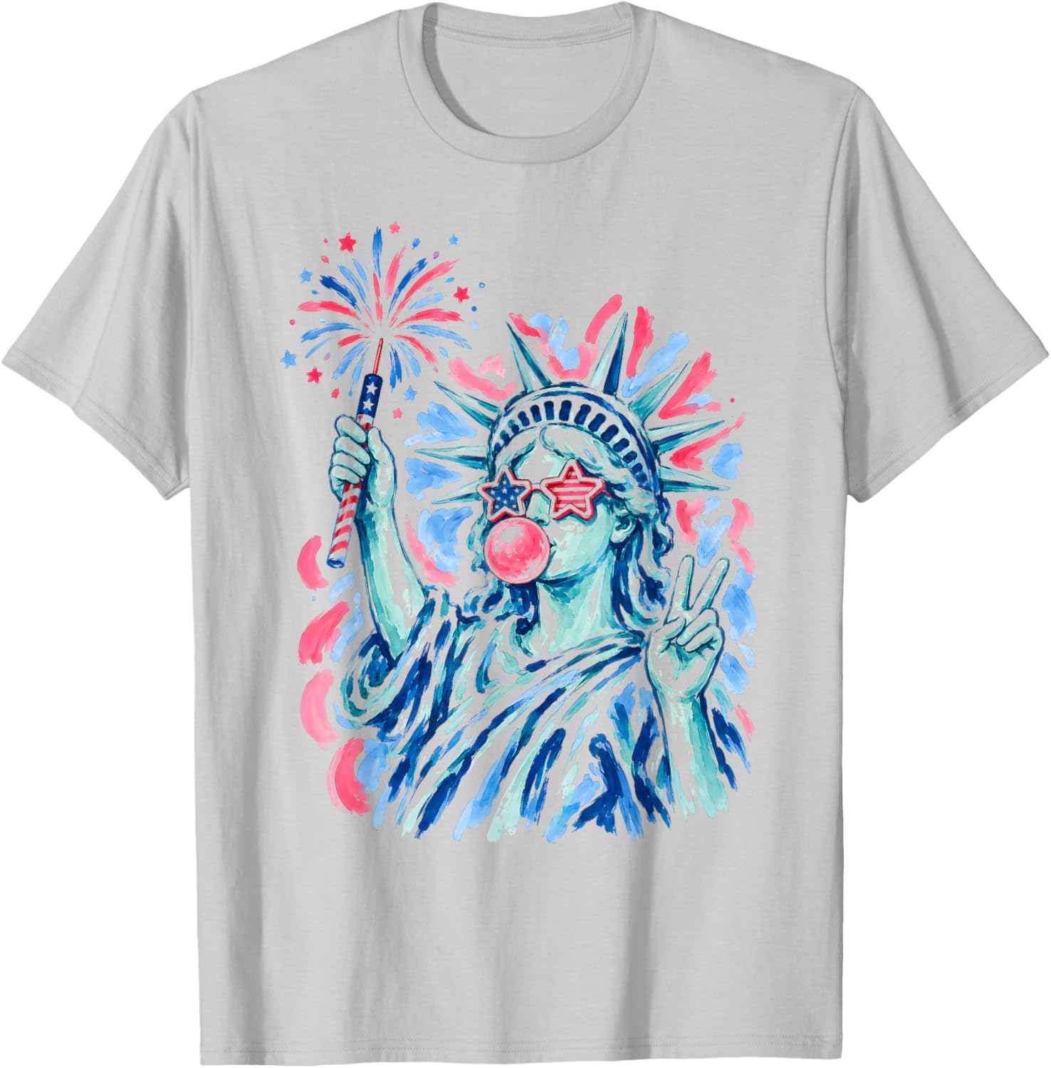 Statue of Liberty Blowing Bubble Women Patriotic 4th of July T-Shirt - T-Shirt | Ash