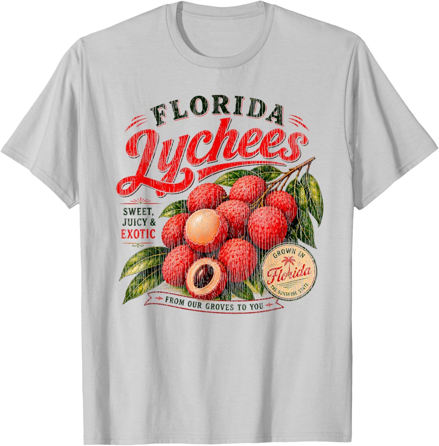Florida Lychees Distressed Retro Exotic Fruit Design T-Shirt - T-Shirt | Ash