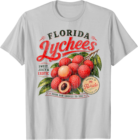 Florida Lychees Distressed Retro Exotic Fruit Design T-Shirt - T-Shirt | Ash