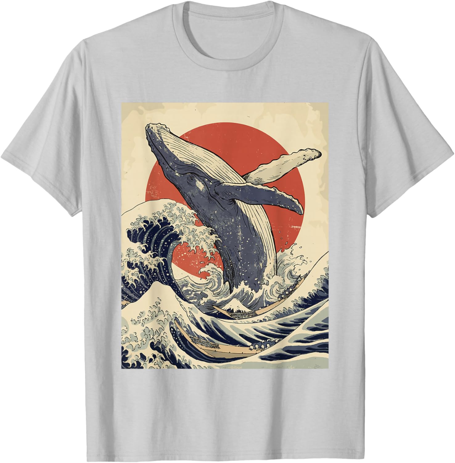 Humpback Whale Japanese Woodblock Art Great Wave Vintage T-Shirt - T-Shirt | Ash