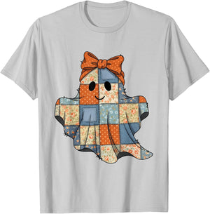 Coquette Bow Floral Boo Ghost Halloween Pumpkin Spooky Vibes T-Shirt - T-Shirt | Ash