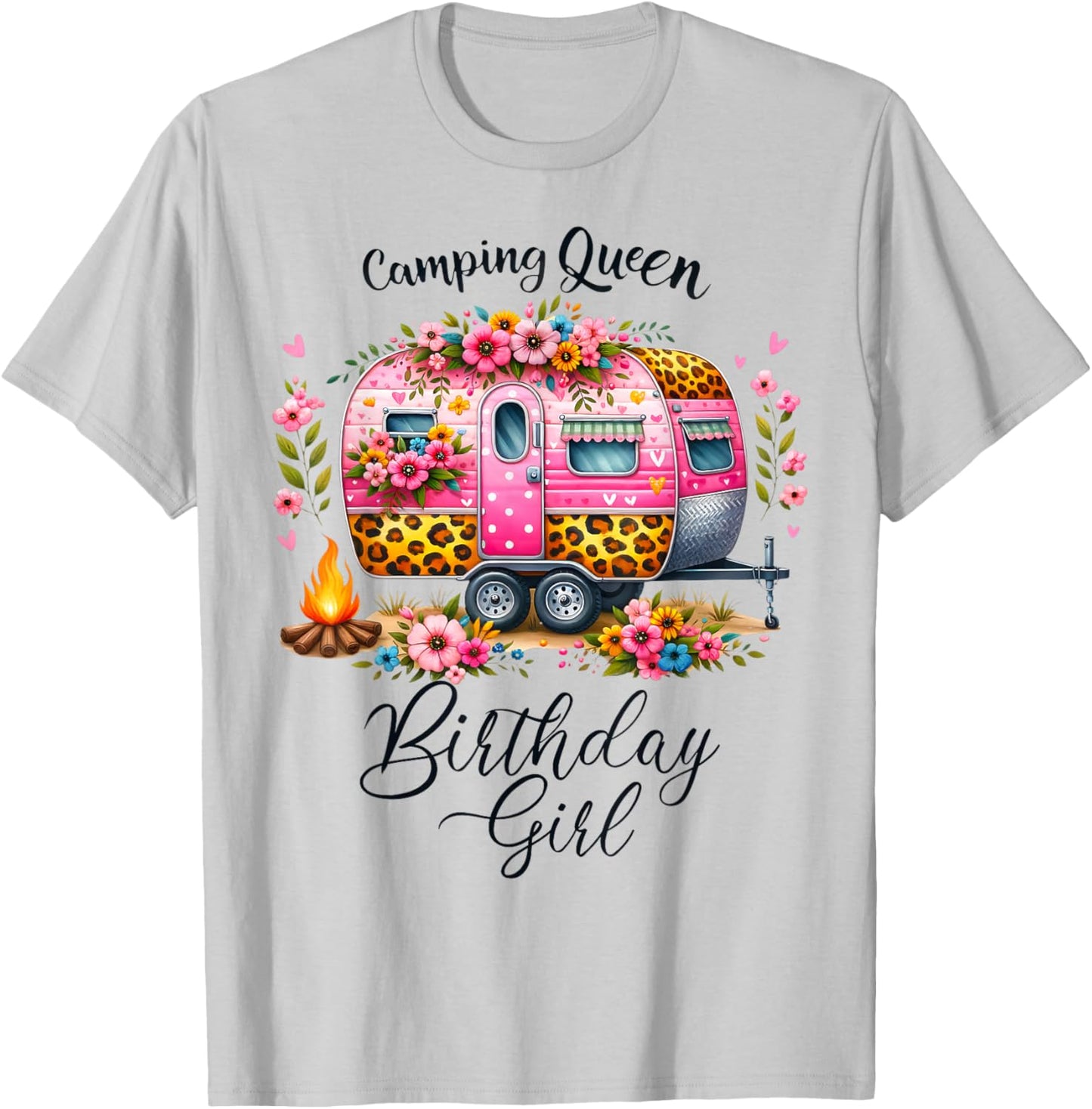 Birthday Camping Queen Camp Pink Floral Van Birthday Girl T-Shirt - T-Shirt | Ash