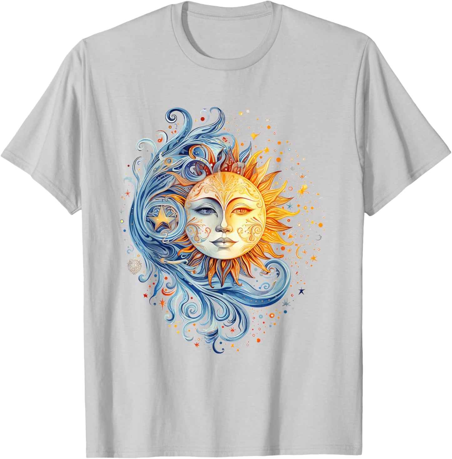 Mystical Sun and Moon with Woman Mystical Flowers Aesthetic T-Shirt - T-Shirt | Ash