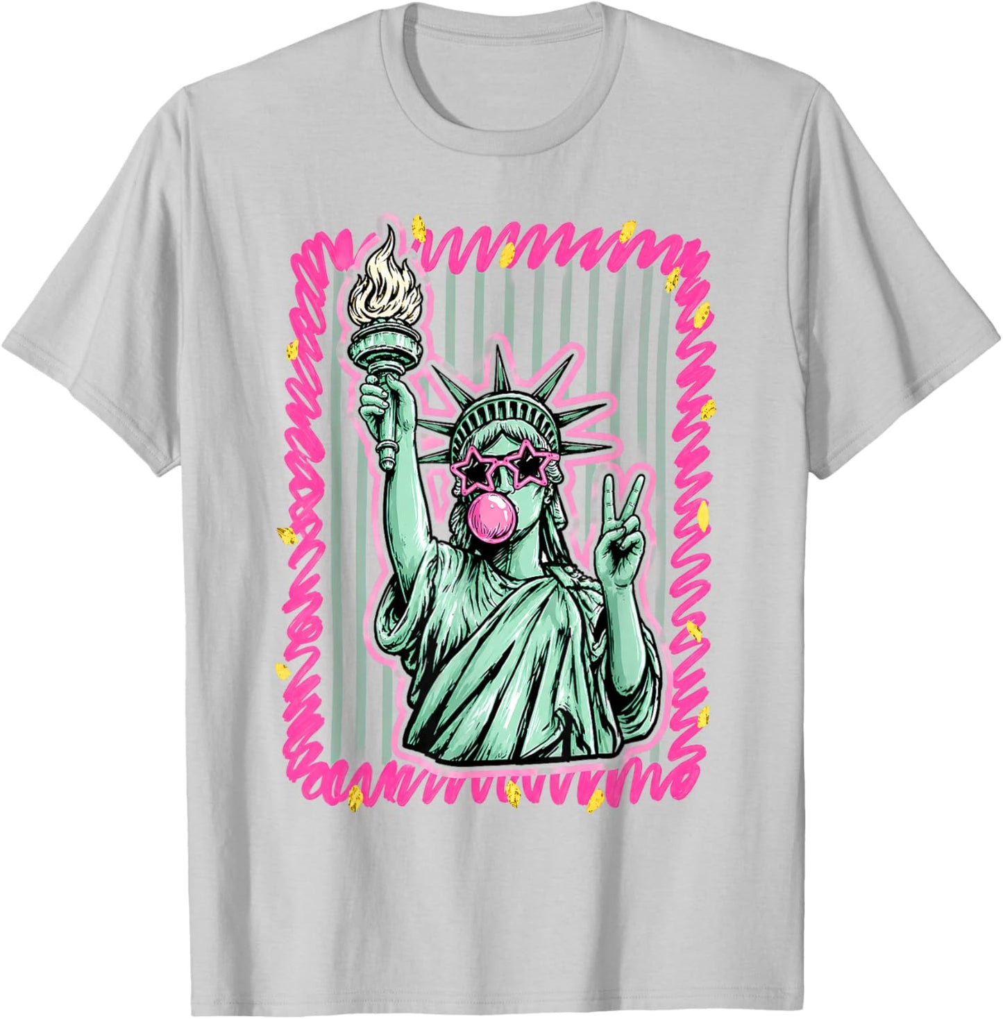 4th of July Statue of Liberty Blowing Bubble USA Girly Women T-Shirt - T-Shirt | Ash
