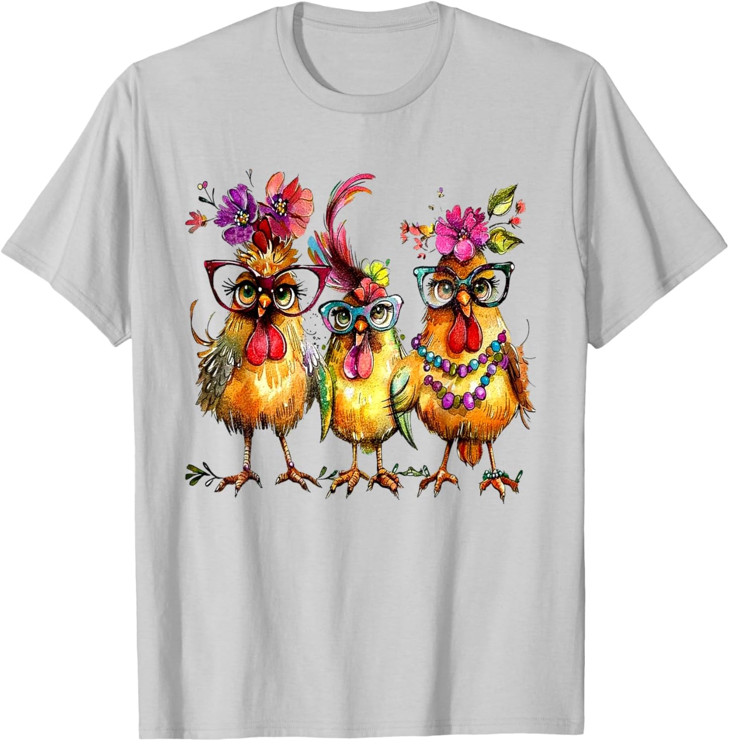 PeachBruh Funny Trio Of Chickens Whimsical Hawaii Beach Art T-Shirt - T-Shirt | Ash