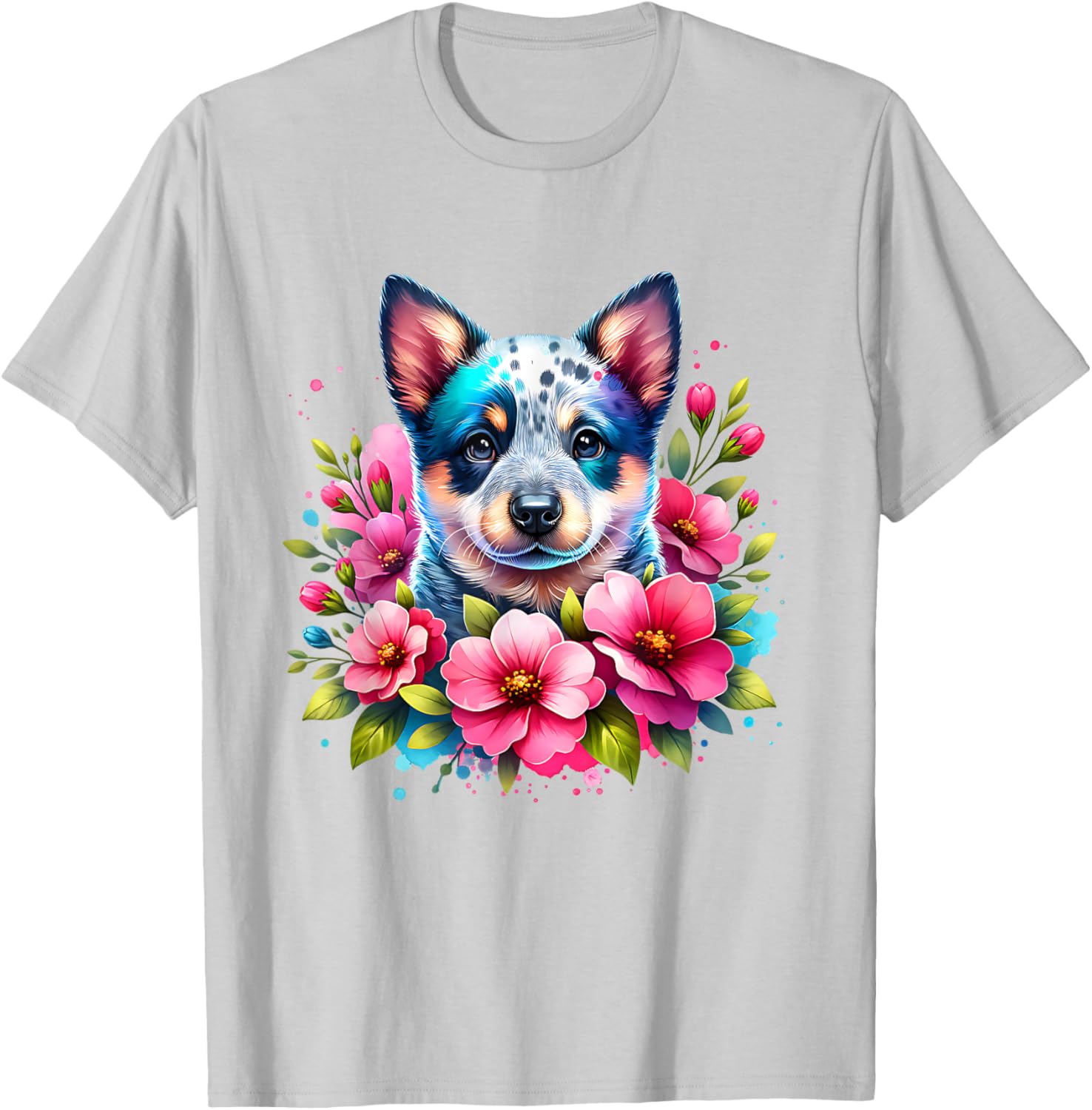 Watercolor Blue Heeler Mom Pink Flower Australian Cattle Dog T-Shirt - T-Shirt | Ash