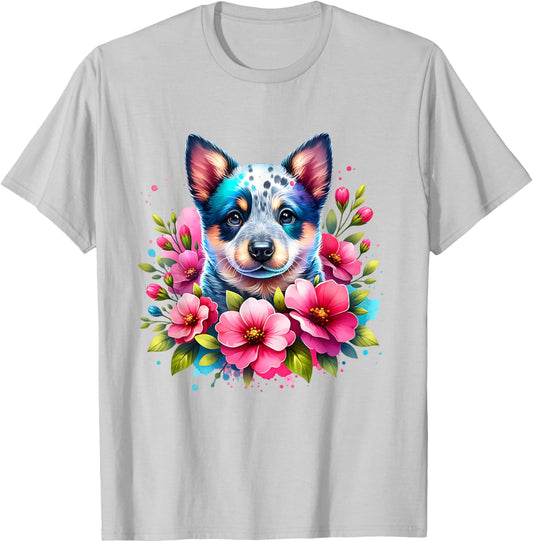Watercolor Blue Heeler Mom Pink Flower Australian Cattle Dog T-Shirt - T-Shirt | Ash