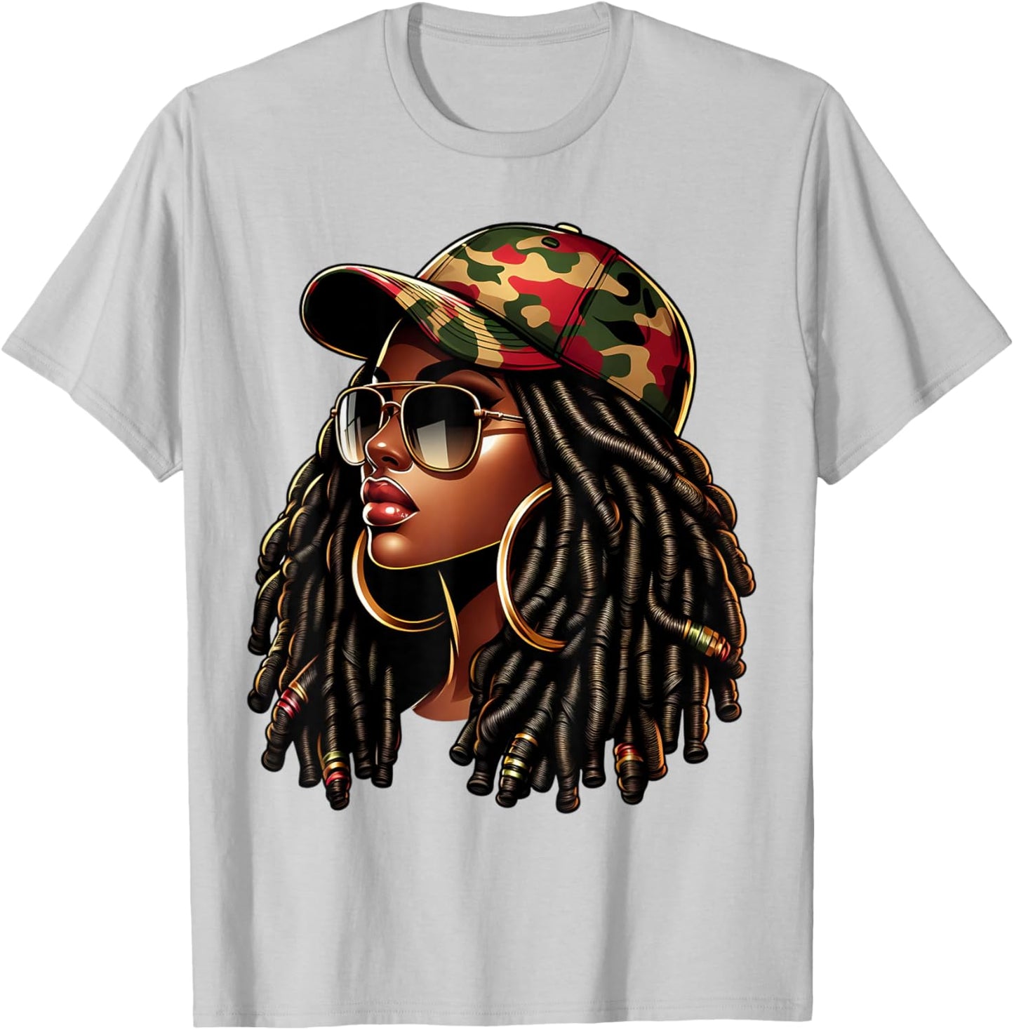 Queen Black Woman With Camo Cap Locs African American T-Shirt - T-Shirt | Ash