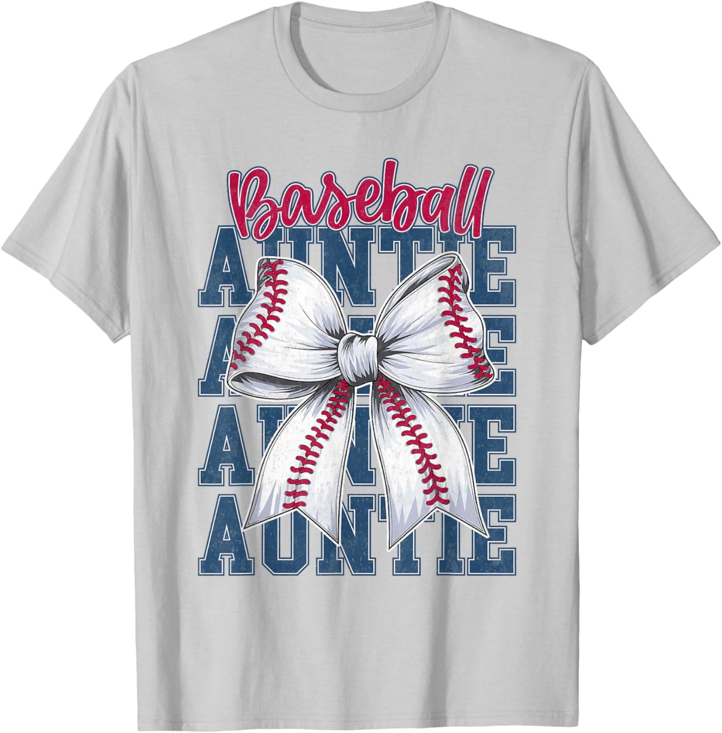Cute Baseball Auntie Aunt Baseball Bow Biggest Fan Sports T-Shirt - T-Shirt | Ash