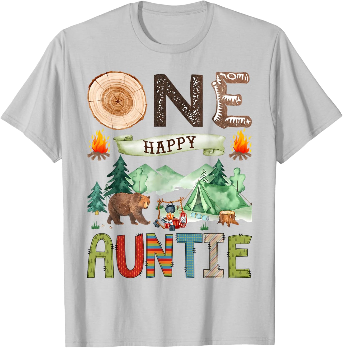 One Happy Auntie Camper 1st Birthday Boy Camping Bear T-Shirt - T-Shirt | Ash