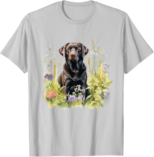 Floral Wildflower Dog Black Labrador Retriever T-Shirt - T-Shirt | Ash