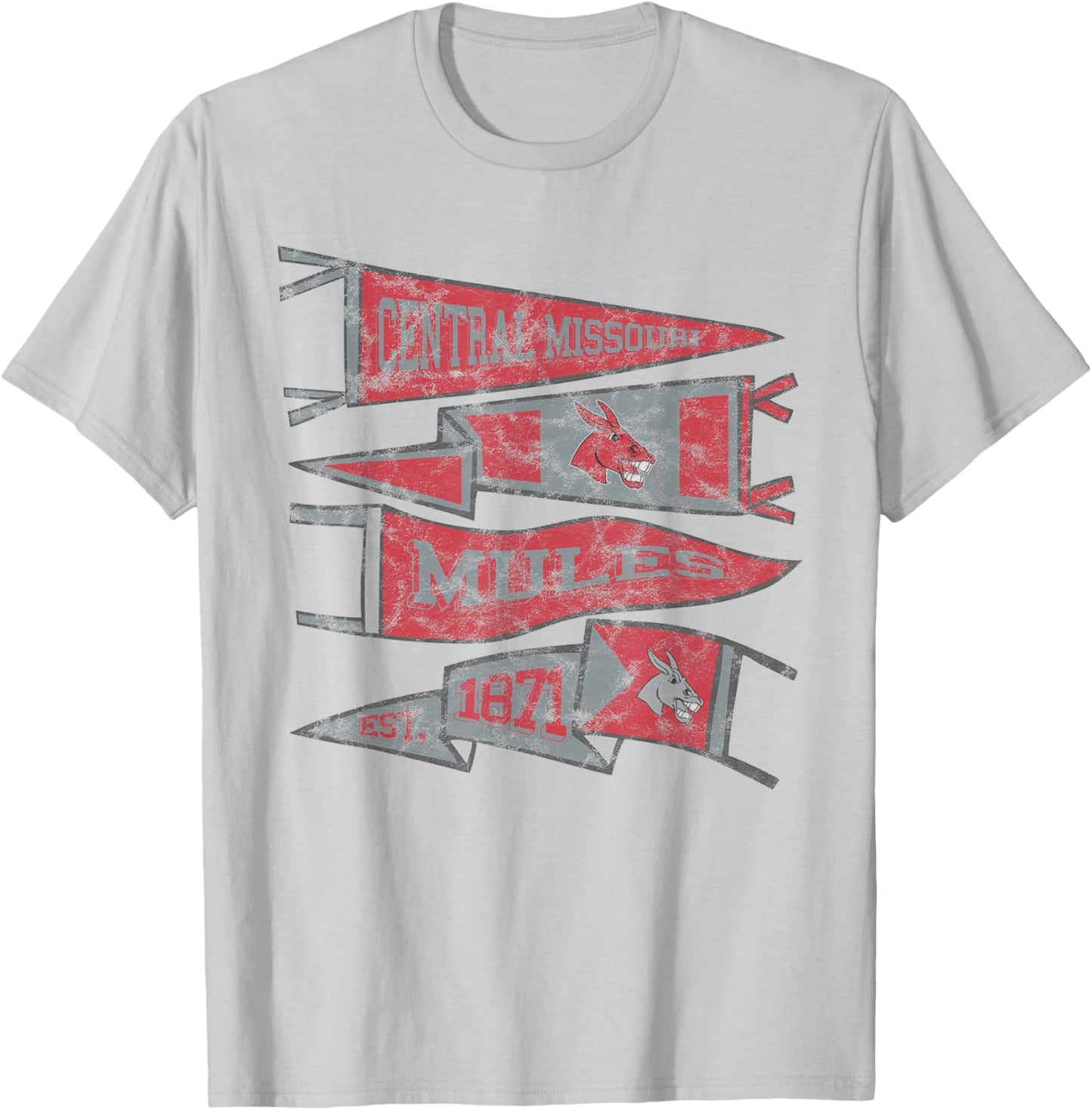University of Central Missouri UCM Mules Distressed Pennants T-Shirt - T-Shirt | Ash