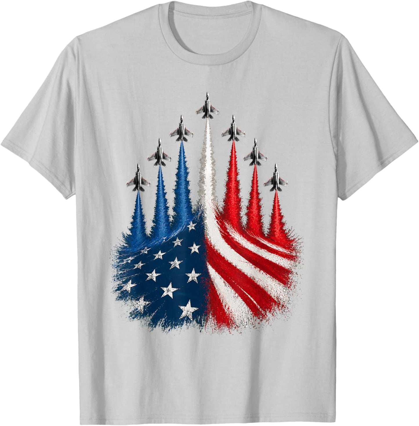 Fighter Jet American Flag 4th July Patriotic Red White Blue T-Shirt - T-Shirt | Ash