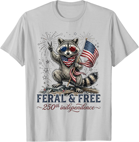 Feral and Free 250th Independence Raccoon USA T-Shirt - T-Shirt | Ash