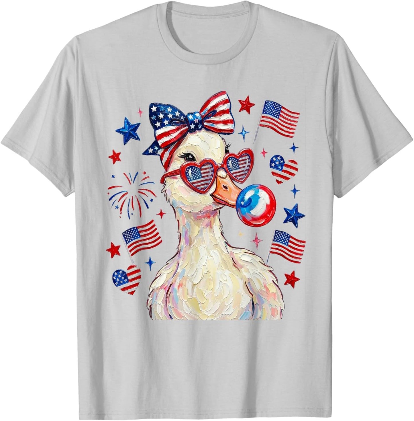 Cute Patriotic Goose Blowing Buble Gum Coquette 4th of July T-Shirt - T-Shirt | Ash