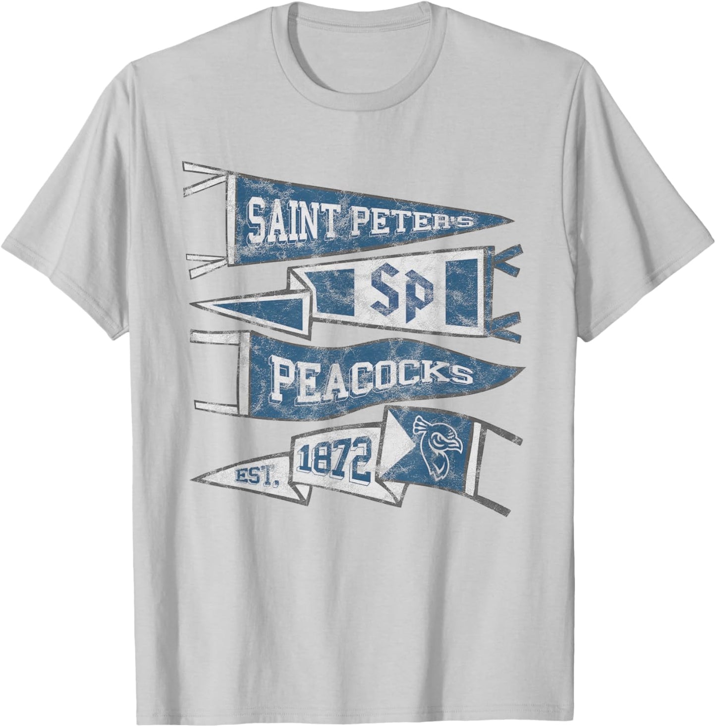 Saint Peter's University Peacocks Distressed Pennants T-Shirt - T-Shirt | Ash