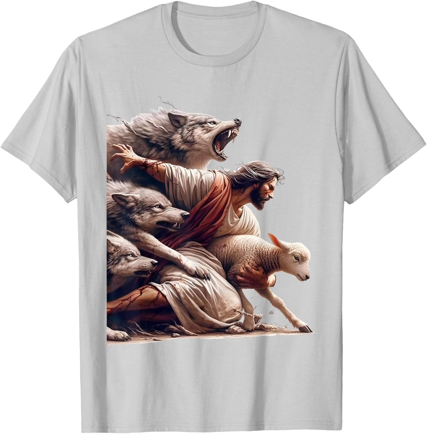 Jesus Protects The Lamb From Wolves - Christian God Jesus T-Shirt - T-Shirt | Ash