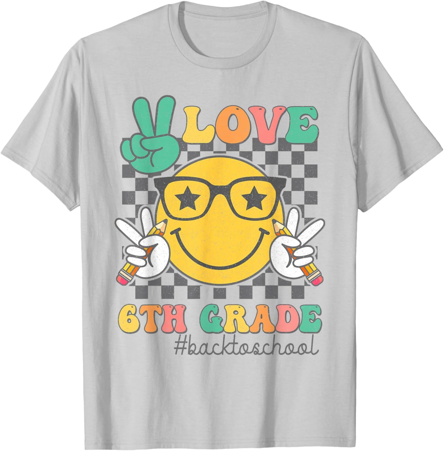 Peace Love 6th Grade Cute Smile Face Back To School Girls T-Shirt - T-Shirt | Ash