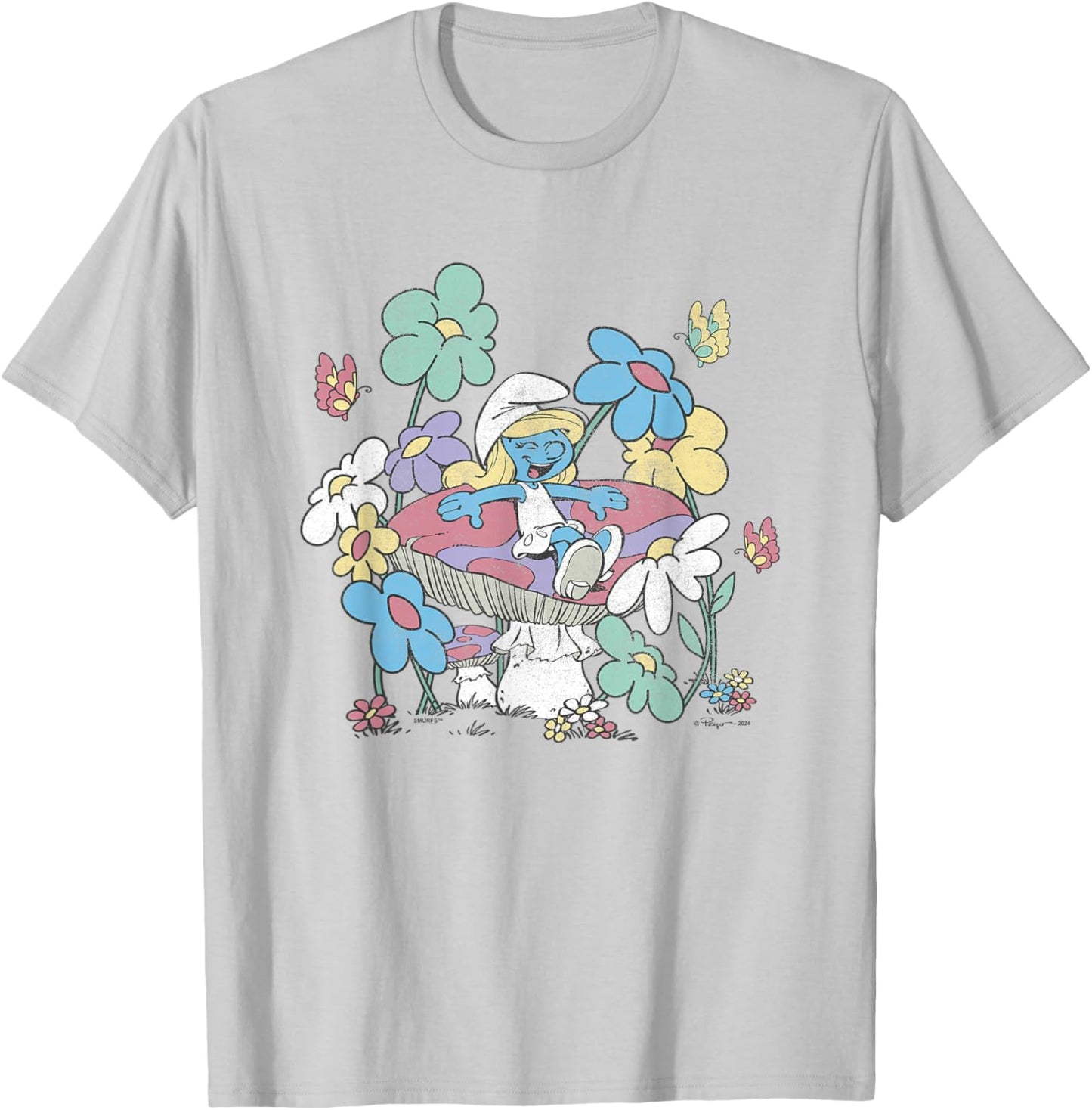 The Smurfs Smurfette Having Fun In Nature Distressed T-Shirt - T-Shirt | Ash