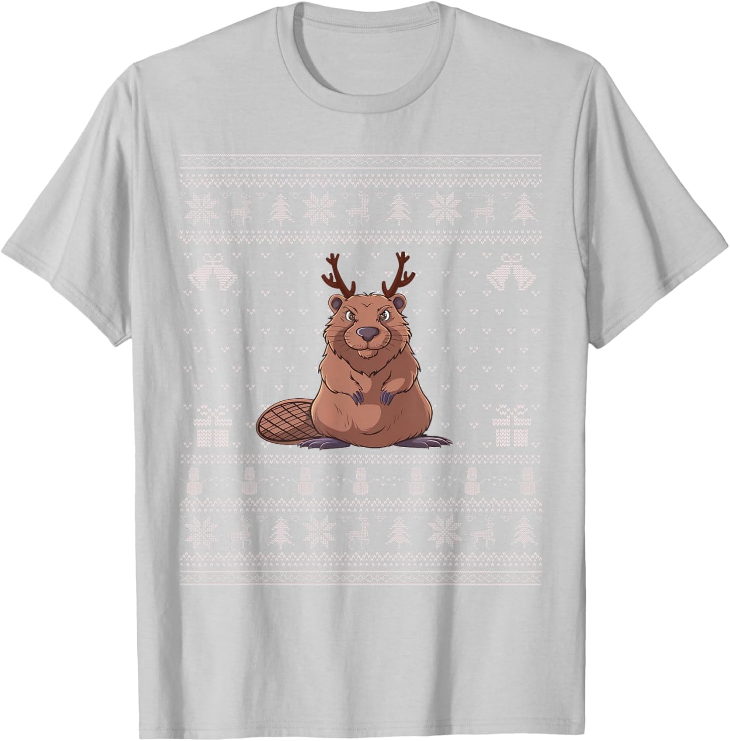 Ugly Xmas Sweater Style Beaver Reindeer Christmas T-Shirt - T-Shirt | Ash