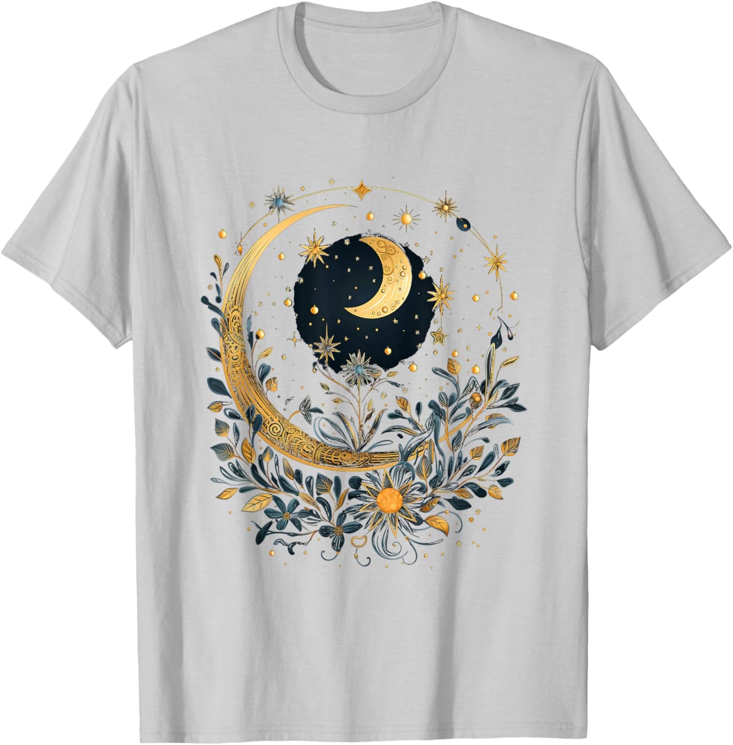Mystical Sun and Moon with Woman Mystical Flowers Aesthetic T-Shirt - T-Shirt | Ash