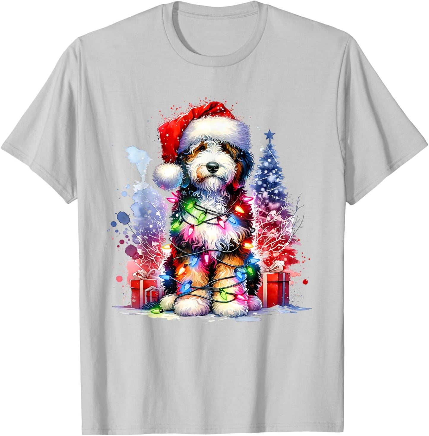 Festive Bernedoodle Dog Santa Hat Christmas Tree Lights Women Kids T-Shirt - T-Shirt | Ash