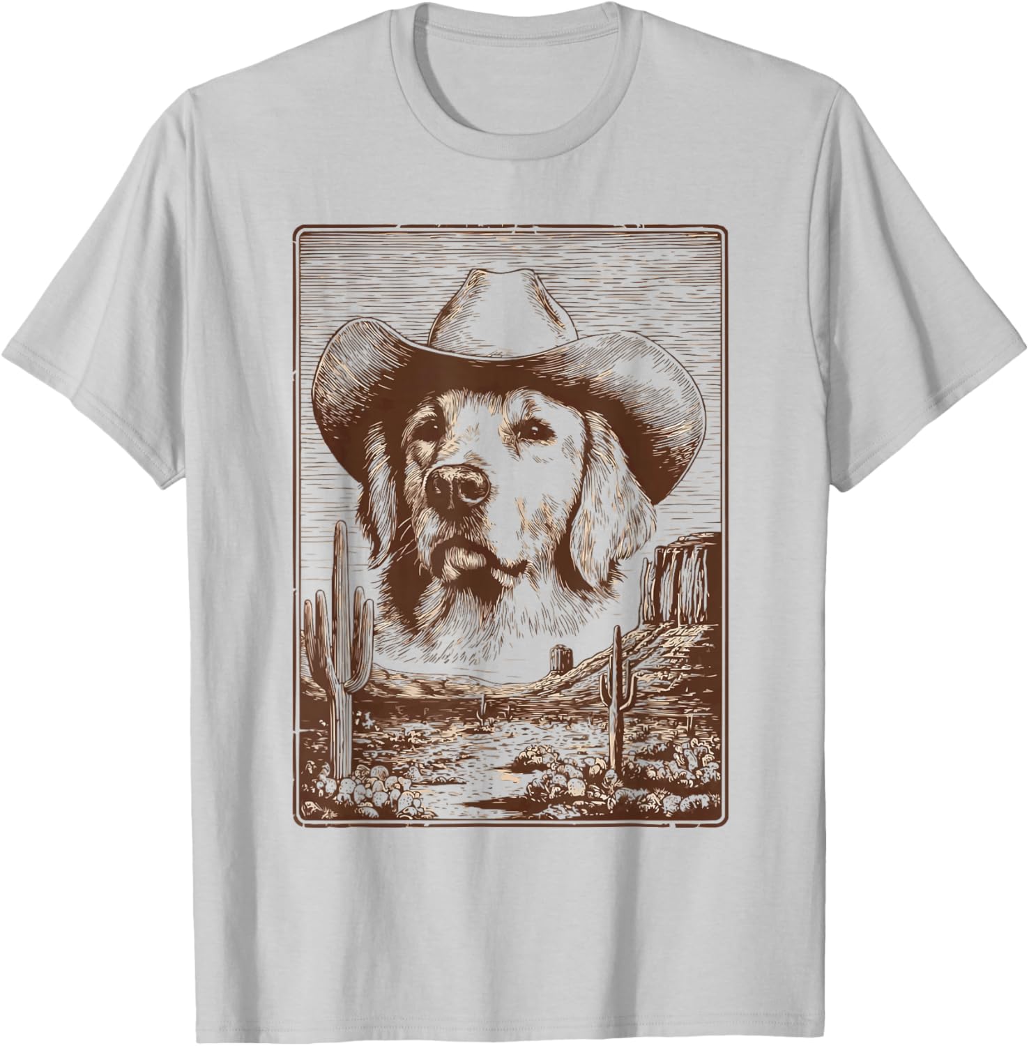 Cute Golden Retriever Dog Western Desert Vibes Rancher Rodeo T-Shirt - T-Shirt | Ash