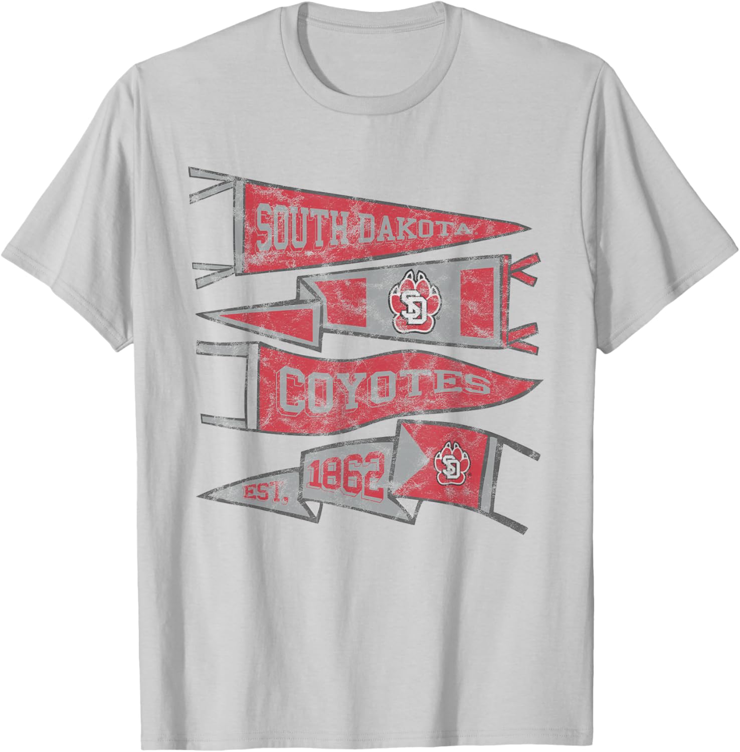 University of South Dakota USD Coyotes Distressed Pennants T-Shirt - T-Shirt | Ash