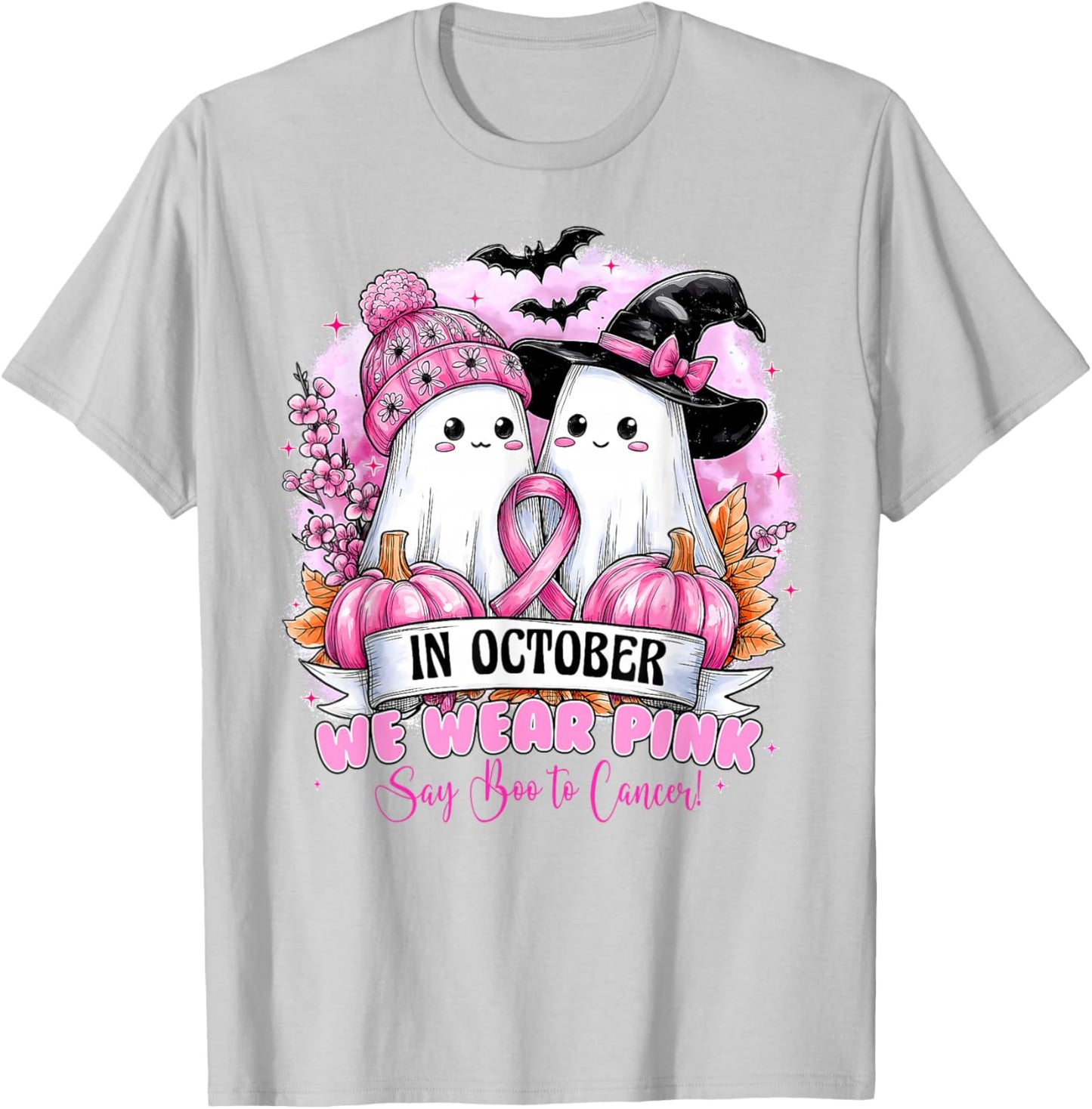 in October We Wear Pink Ghost Halloween Breast Cancer Women T-Shirt - T-Shirt | Ash