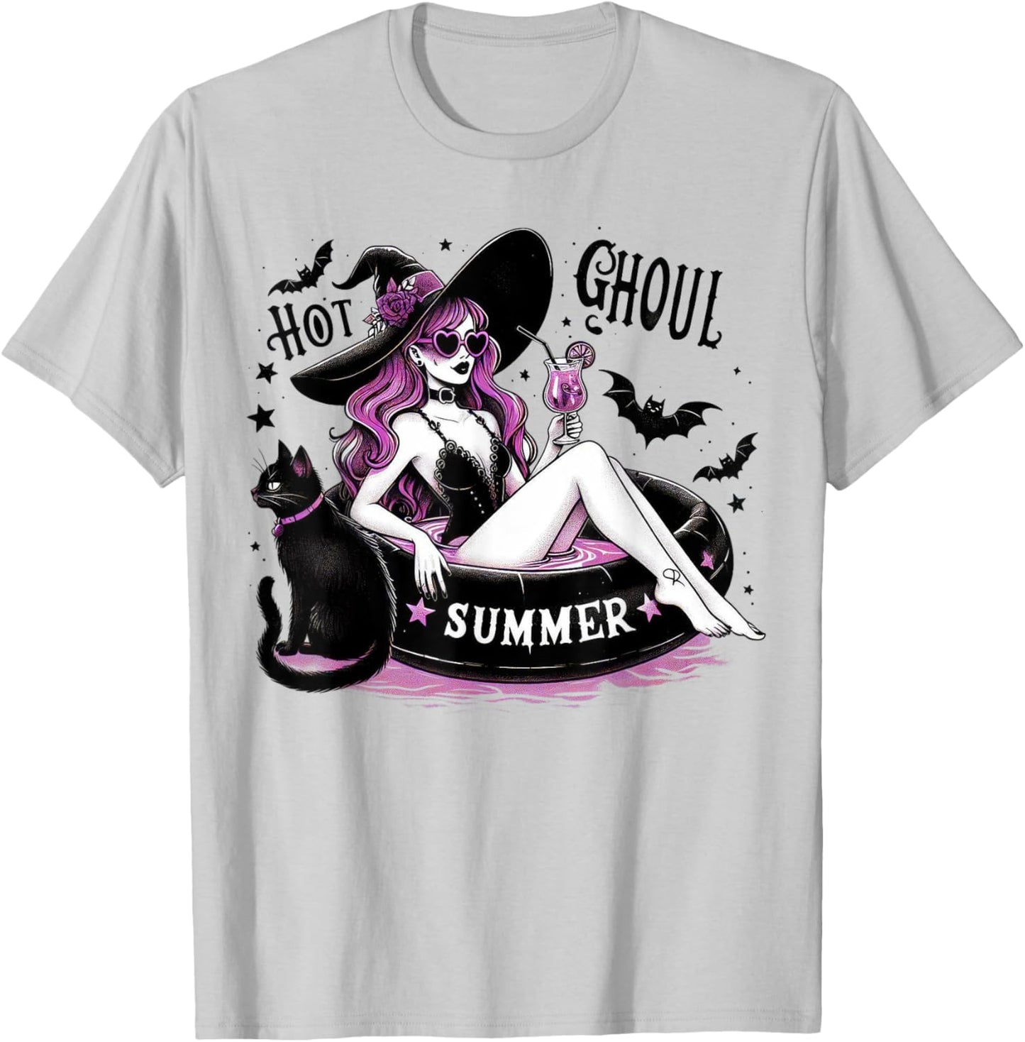 Funny Halloween Witch Hot Ghoul Summer Witchy Cat T-Shirt - T-Shirt | Ash