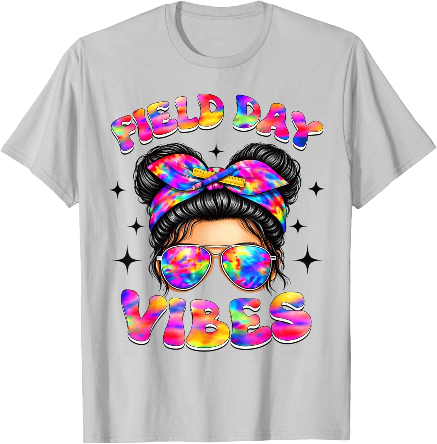 Field Day 2026 Vibes Colorful Tie Dye Messy Bun Girls T-Shirt - T-Shirt | Ash