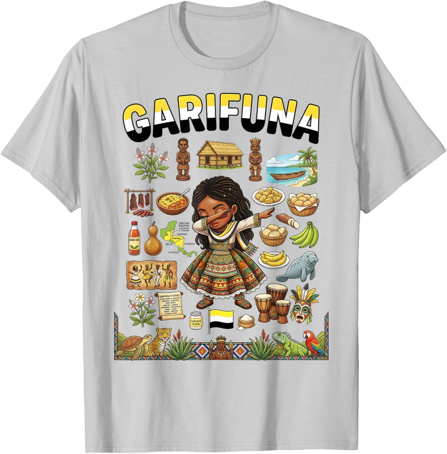 Dabbing Garifuna Flag Girl Pride Afro-Indigenous Heritage T-Shirt - T-Shirt | Ash
