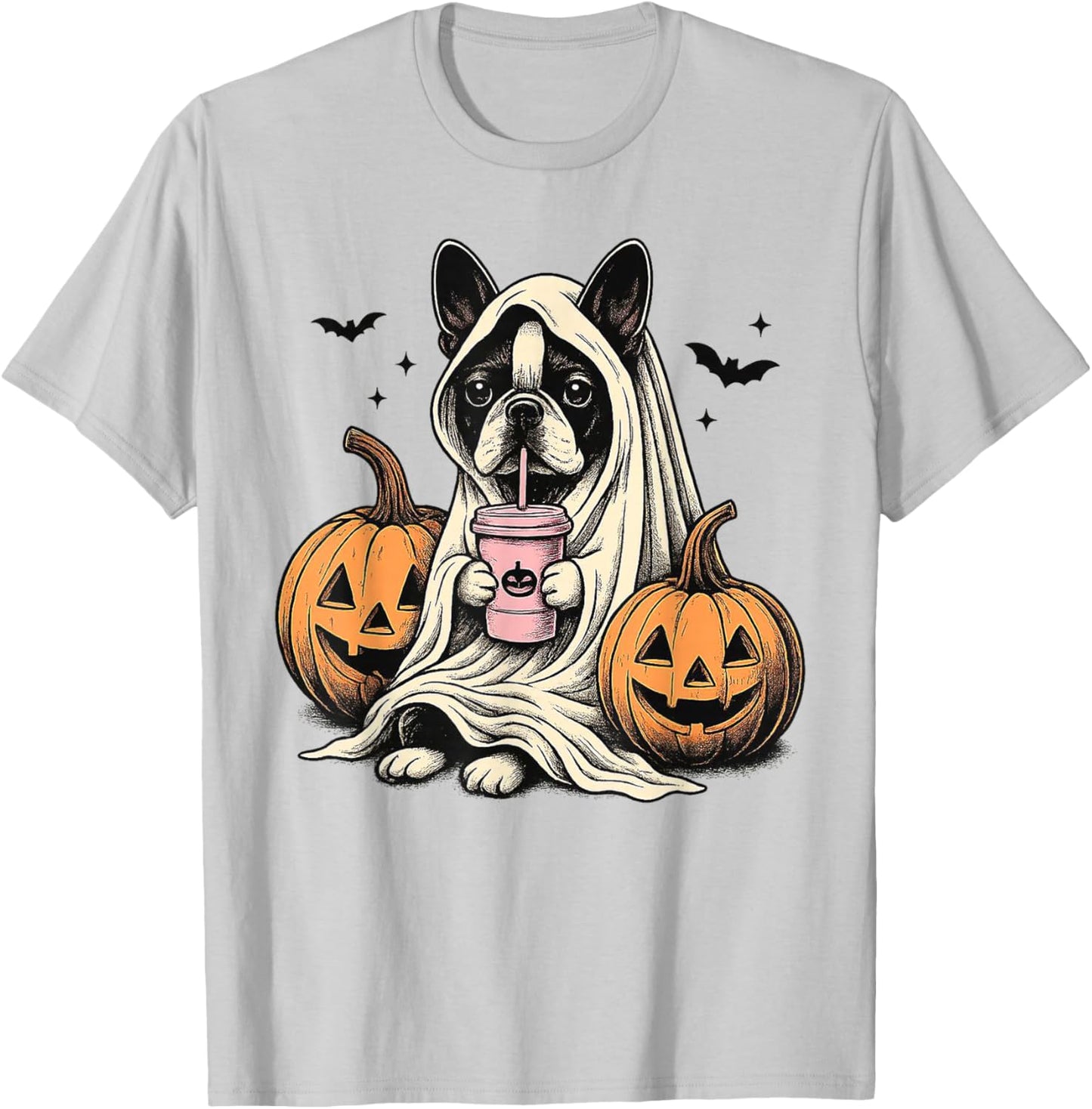 Halloween Boston Terrier Ghost T-Shirt - T-Shirt | Ash