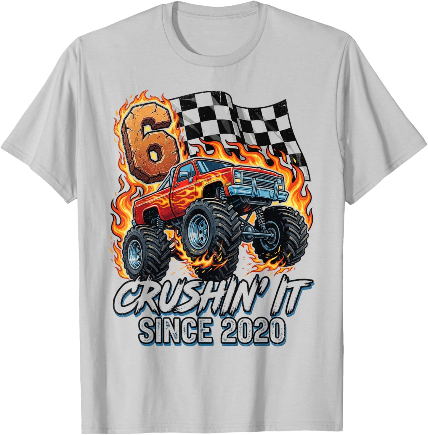 Birthday Monster Truck 6 Year Old Boys 6th Party Born 2020 T-Shirt - T-Shirt | Ash