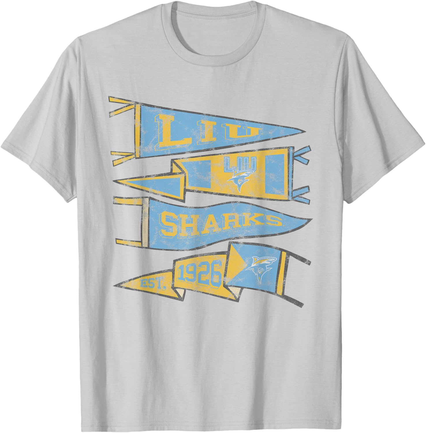 Long Island University LIU Blackbirds Distressed Pennants T-Shirt - T-Shirt | Ash