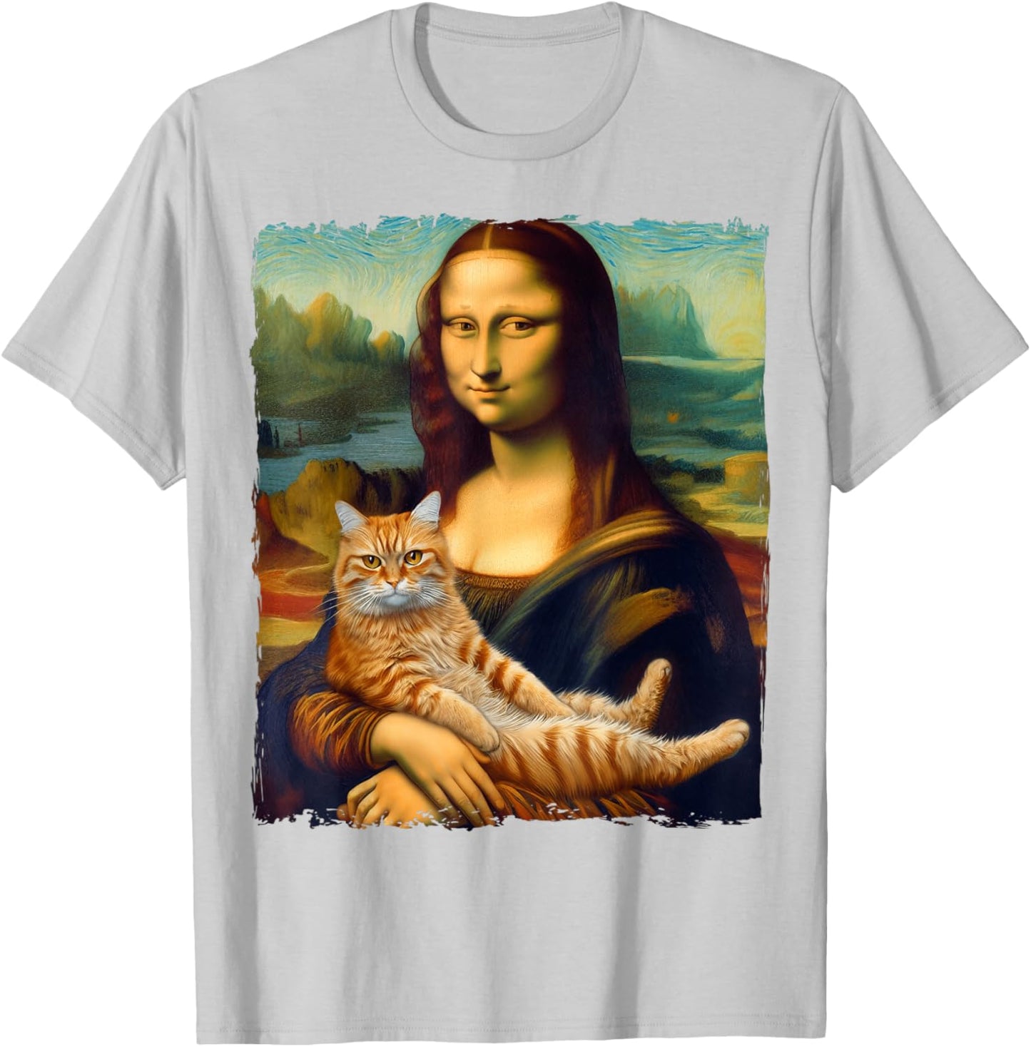 Mona Lisa Holding Cat Portrait Art Painting Kitty Cat Mom T-Shirt - T-Shirt | Ash
