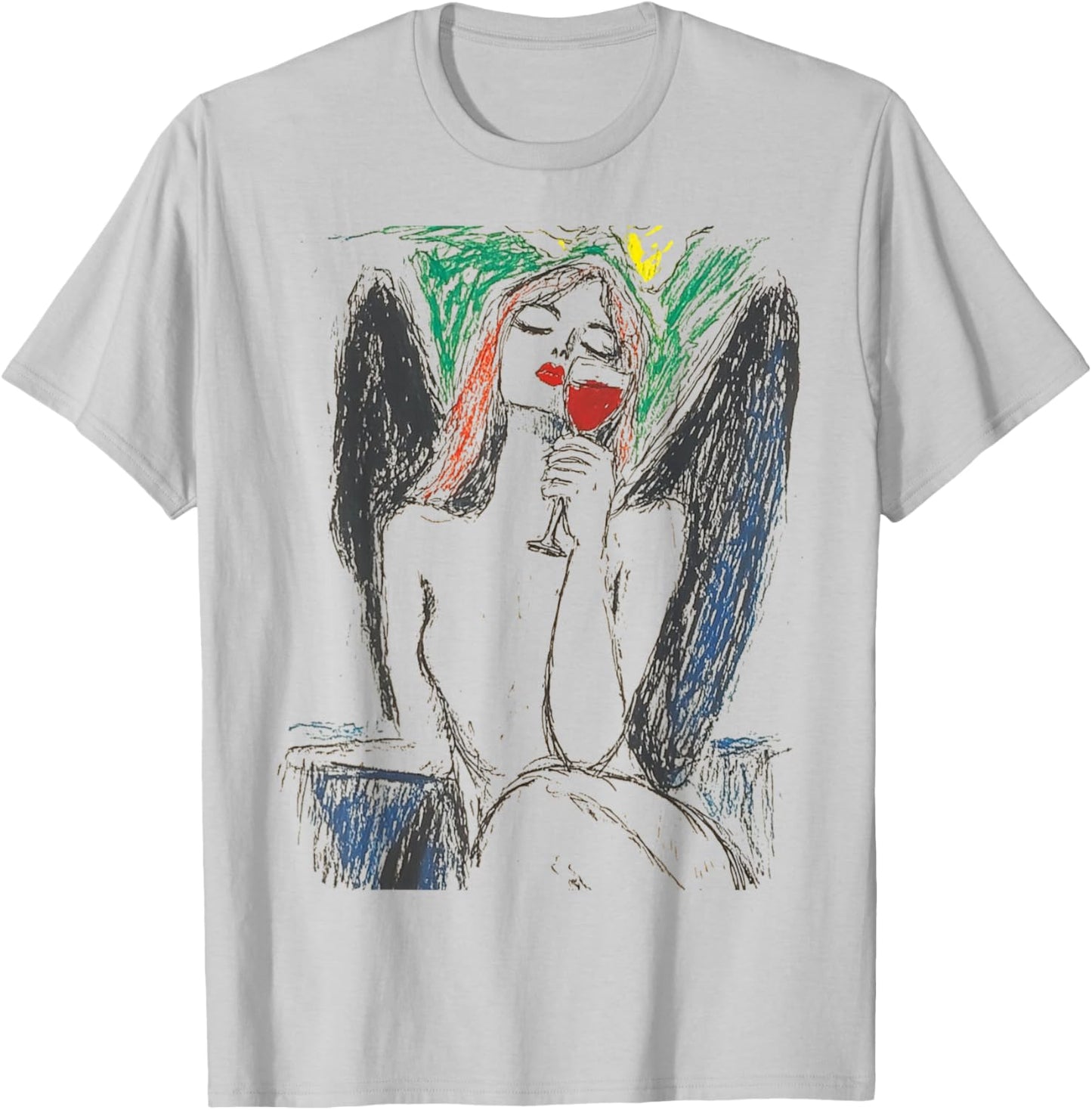 Women's Fashion Design With An Angel Drinking Wine T-Shirt - T-Shirt | Ash