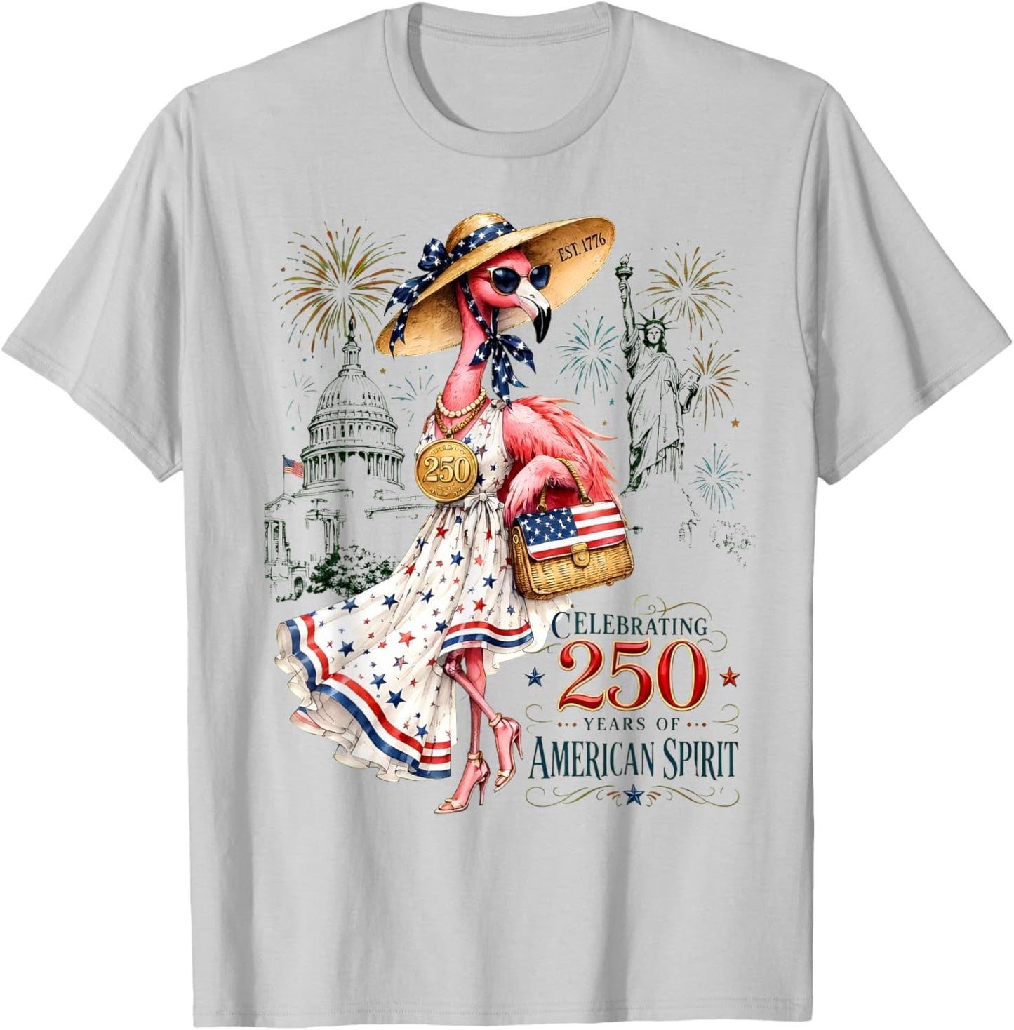 Patriotic Flamingo 250 Years Celebrating American Spirit T-Shirt - T-Shirt | Ash