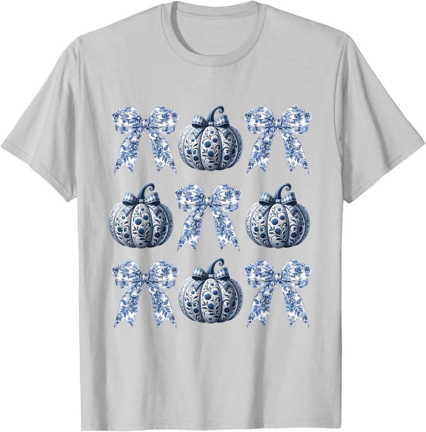 Blue and White Pumpkins Chinoiserie With Bow Fall Halloween T-Shirt - T-Shirt | Ash