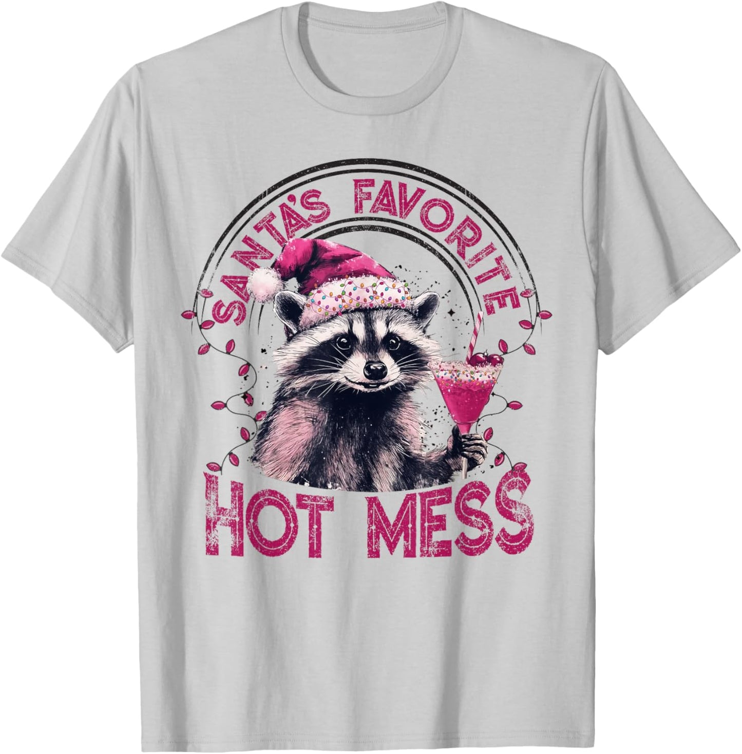 Santa's Favorite Hot Mess Christmas Funny Raccoon Lover Xmas T-Shirt - T-Shirt | Ash