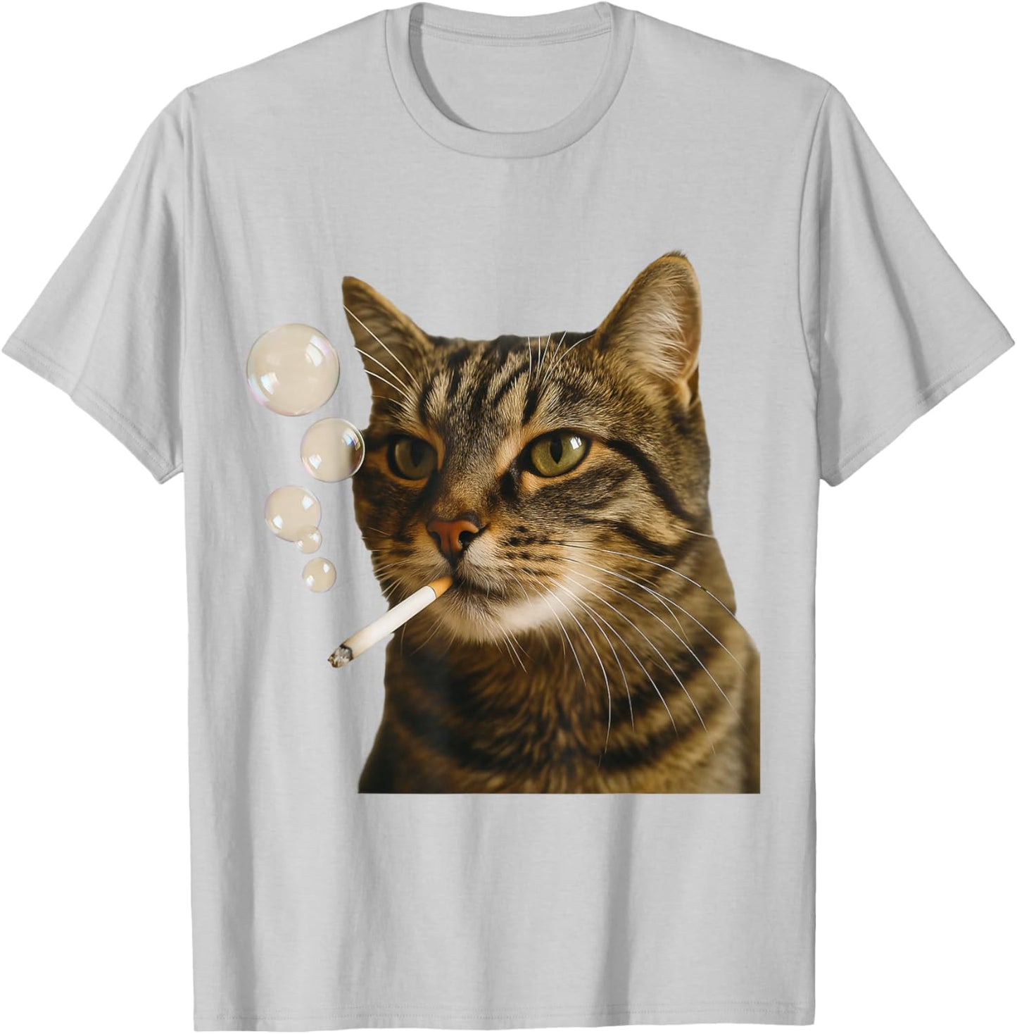 Cat with Cigarette and Bubbles Funny T-Shirt - T-Shirt | Ash